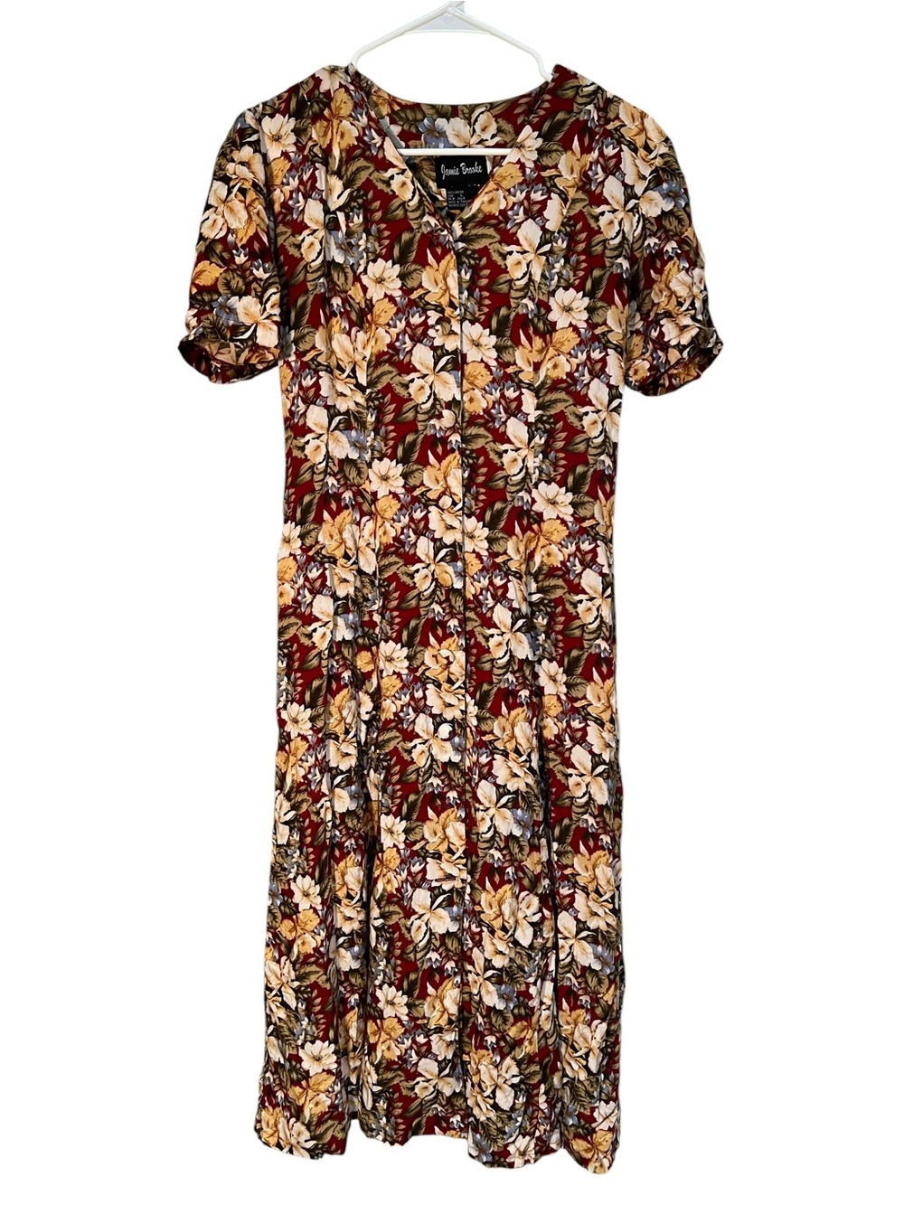Vintage Jamie Brooke Women's Size Large Midi Dress Burgundy Floral Button Front